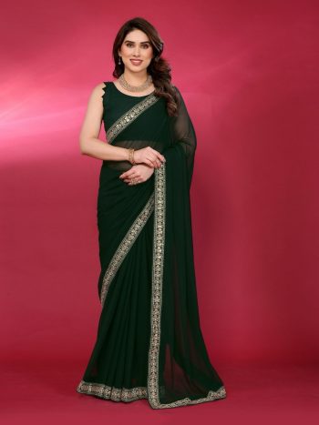 NEW ARRIVAL GEORGETTE EMBROIDERY LACE WORK SAREE WITH UNSTITCHED BLOUSE GREEN