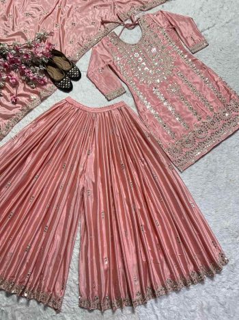 NEW ARRIVAL CHINON EMBROIDERY LACE WORK TOP PALAZZO WITH DUPATTA BABY PINK