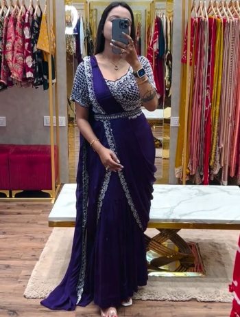 NEW ARRIVAL CHINON EMBROIDERY LEHENGA SAREE ATTACHED DUPATTA BELT WITH STITCHED BLOUSE PURPLE
