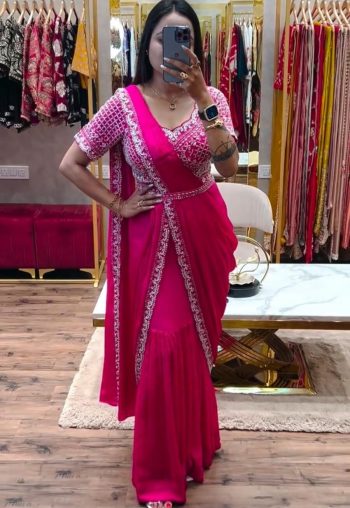 NEW ARRIVAL CHINON EMBROIDERY LEHENGA SAREE ATTACHED DUPATTA BELT WITH STITCHED BLOUSE RANI