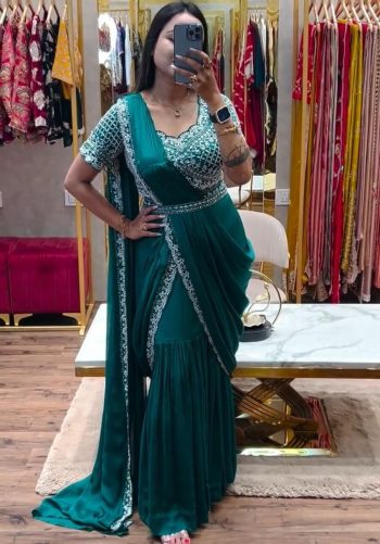 NEW ARRIVAL CHINON EMBROIDERY LEHENGA SAREE ATTACHED DUPATTA BELT WITH STITCHED BLOUSE RAMA