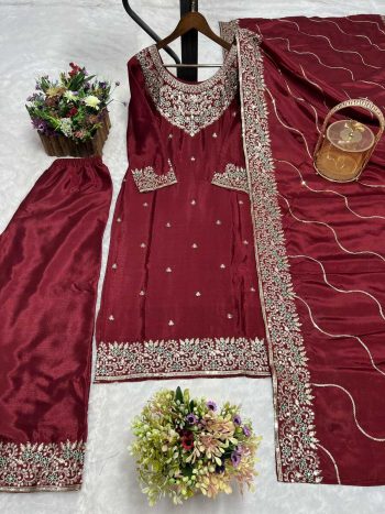 NEW ARRIVAL CHINON EMBROIDERY THREAD SEQUENCE WORK TOP PALAZZO WITH DUPATTA  MAROON