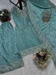 NEW ARRIVAL CHINON EMBROIDERY THREAD SEQUENCE WORK TOP PALAZZO WITH DUPATTA  SKY