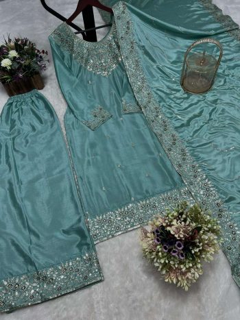 NEW ARRIVAL CHINON EMBROIDERY THREAD SEQUENCE WORK TOP PALAZZO WITH DUPATTA  SKY