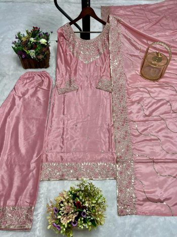 NEW ARRIVAL CHINON EMBROIDERY THREAD SEQUENCE WORK TOP PALAZZO WITH DUPATTA PINK