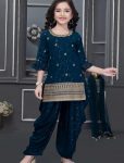 NEW ARRIVAL CHINON SILK DIGITAL PRINT WORK WITH EMBROIDERED SEQUENCE AND LACE WORK KID'S TOP DHOTI SALWAR WITH DUPATTA TEAL