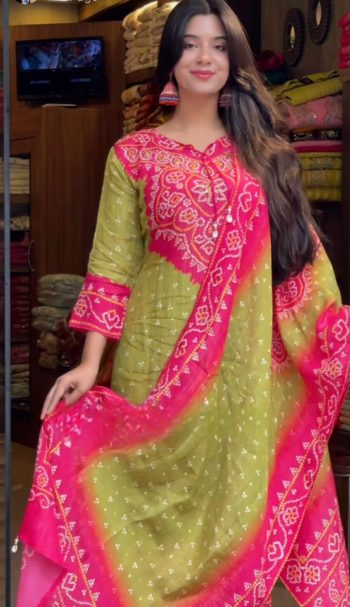 NEW ARRIVAL CHINON SILK DORI AND ORIGINAL KODI MOTI AND DIGITAL PRINTED WORK TOP BOTTOM WITH DUPATTA PARROT GREEN