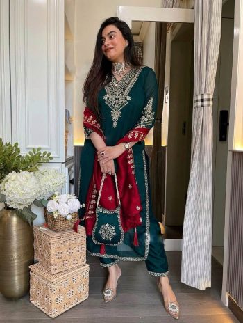 NEW ARRIVAL CHINON SILK EMBROIDERY SEQUENCE WORK TOP BOTTOM WITH DUPATTA  TEAL
