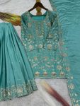 NEW ARRIVAL CHINON SILK EMBROIDERY SEQUENCE WORK TOP PALAZZO WITH DUPATTA SKY