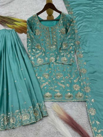 NEW ARRIVAL CHINON SILK EMBROIDERY SEQUENCE WORK TOP PALAZZO WITH DUPATTA SKY