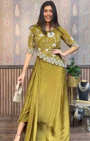 NEW ARRIVAL CHINON SILK EMBROIDERY SEQUENCE WORK TOP WITH PLEATED SKIRT MEHNDI