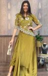 NEW ARRIVAL CHINON SILK EMBROIDERY SEQUENCE WORK TOP WITH PLEATED SKIRT MEHNDI