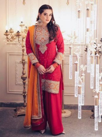NEW ARRIVAL CHINON SILK THREAD CODING PEARL WORK TOP PATIYALA WITH DUPATTA RED