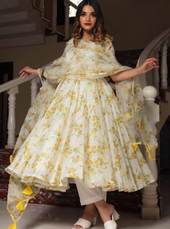 NEW ARRIVAL CHNADERI DIGITAL PRINTED GOWN BOTTOM WITH DUPATTA  YELLOW