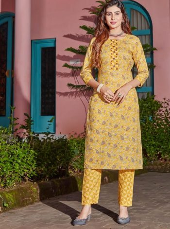 NEW ARRIVAL COTTON BLEND FOIL PRINT AND MIRROR WORK  TOP PANT SET  YELLOW