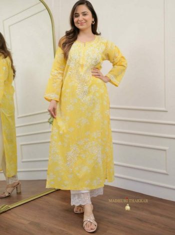 NEW ARRIVAL COTTON CHIKANKARI WORK TOP BOTTOM SET YELLOW