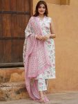 NEW ARRIVAL COTTON PRINTED LACE WORK SLEEVELESS TOP BOTTOM WITH DUPATTA PINK