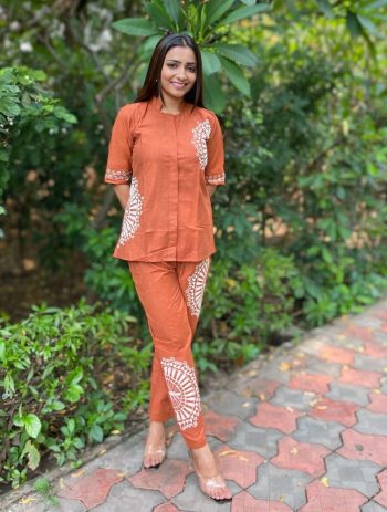 NEW ARRIVAL COTTON WITH EMBROIDERY WORK CO-ORD SET ORANGE