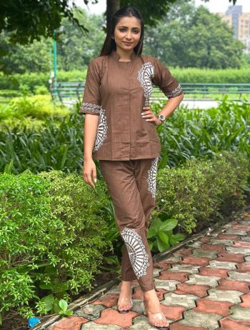 NEW ARRIVAL COTTON WITH EMBROIDERY WORK CO-ORD SET CHIKU