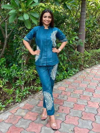 NEW ARRIVAL COTTON WITH EMBROIDERY WORK CO-ORD SET SKY