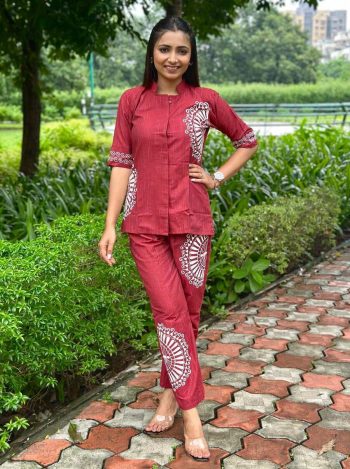 NEW ARRIVAL COTTON WITH EMBROIDERY WORK CO-ORD SET RED