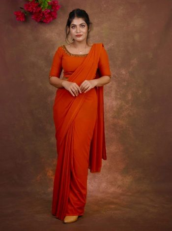 NEW ARRIVAL FAUX GEORGETTE PLAIN READY TO WEAR SAREE WITH HAND WORK STITCHED BLOUSE ORANGE