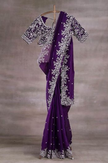 NEW ARRIVAL FENDY SILK EMBROIDERY CODING & SEQUENCE WORK SAREE WITH UNSTITCHED BLOUSE PURPLE