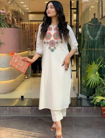 NEW ARRIVAL FLEX COTTON EMBROIDERY WORK TOP BOTTOM SET WHITE