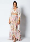 NEW ARRIVAL FRENCH CREPE PRINTED EMBROIDERY HAND WORK DRAPE SKIRT BLOUSE WITH SHRUG WHITE