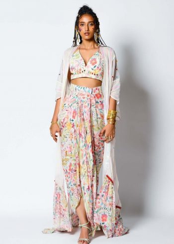 NEW ARRIVAL FRENCH CREPE PRINTED EMBROIDERY HAND WORK DRAPE SKIRT BLOUSE WITH SHRUG WHITE