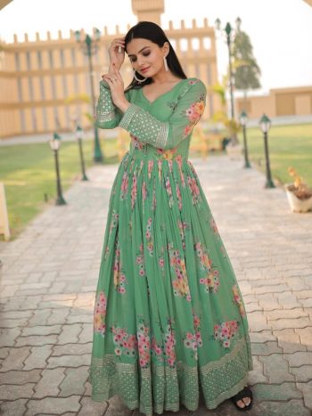 NEW ARRIVAL GEORGETTE DIGITAL PRINTED WITH EMBROIDERY ZARI SEQUENCE WORK GOWN  PISTA