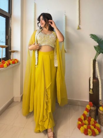 NEW ARRIVAL GEORGETTE EMBROIDERY SEQUENCE MIRROR WORK BLOUSE SKIRT WITH SHRUG YELLOW