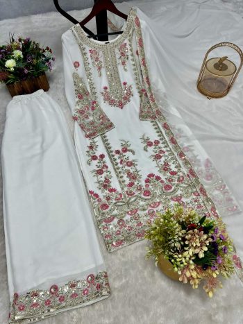 NEW ARRIVAL GEORGETTE EMBROIDERY SEQUENCE THRED WORK TOP PALAZZO WITH DUPATTA WHITE