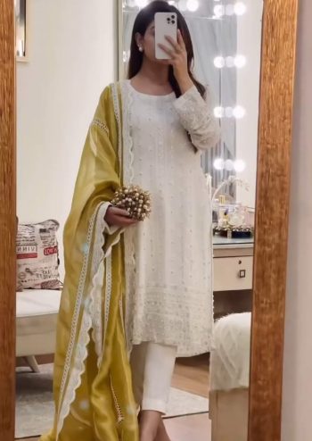 NEW ARRIVAL GEORGETTE EMBROIDERY SEQUENCE WORK WITH MOTI WORK TOP BOTTOM WITH DUPATTA YELLOW