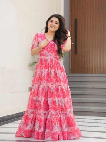 NEW ARRIVAL GEORGETTE FLORAL PRINTED FLAIRED GOWN PINK