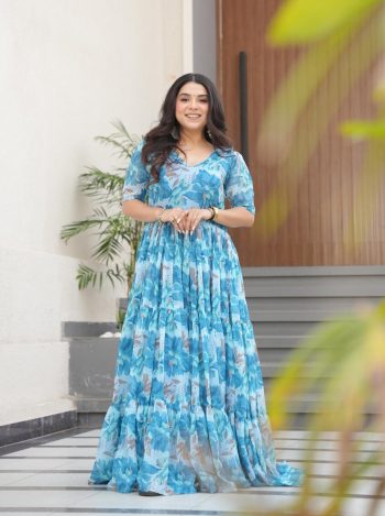 NEW ARRIVAL GEORGETTE FLORAL PRINTED FLAIRED GOWN SKY