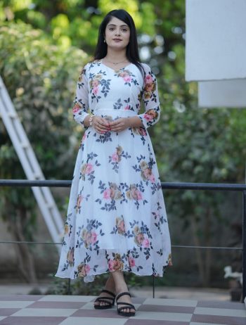 NEW ARRIVAL GEORGETTE FLORAL PRINTED WORK GOWN  WHITE