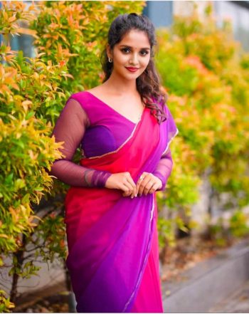 NEW ARRIVAL GEORGETTE MULTI COLOR PLAIN LACE WORK SAREE WITH UNSTITCHED BLOUSE PURPLE