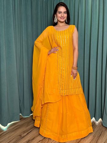 NEW ARRIVAL GEORGETTE PAPER MIRROR WORK  TOP LEHENGA WITH DUPATTA YELLOW