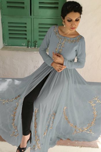 NEW ARRIVAL GEORGETTE SEQUENCE AND ZARI WORK GOWN WITH UNSTITCHED BOTTOM GREY