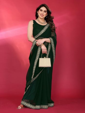 NEW ARRIVAL GEORGETTE SILK PLAIN SAREE WITH EMBROIDERY WORK LACE BORDER SAREE WITH UNSTITCHED BLOUSE GREEN