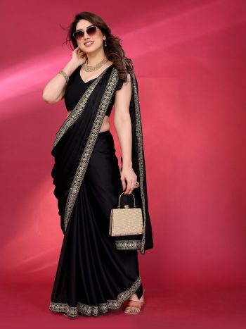 NEW ARRIVAL GEORGETTE SILK PLAIN SAREE WITH EMBROIDERY WORK LACE BORDER SAREE WITH UNSTITCHED BLOUSE BLACK