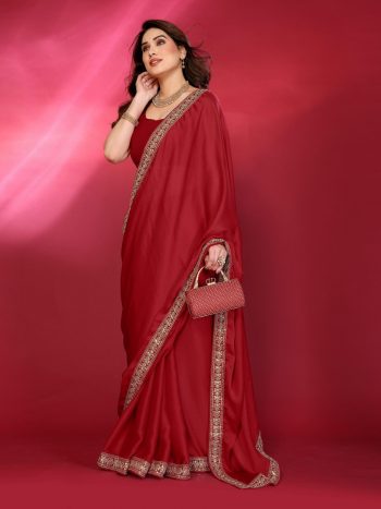 NEW ARRIVAL GEORGETTE SILK PLAIN SAREE WITH EMBROIDERY WORK LACE BORDER SAREE WITH UNSTITCHED BLOUSE RED