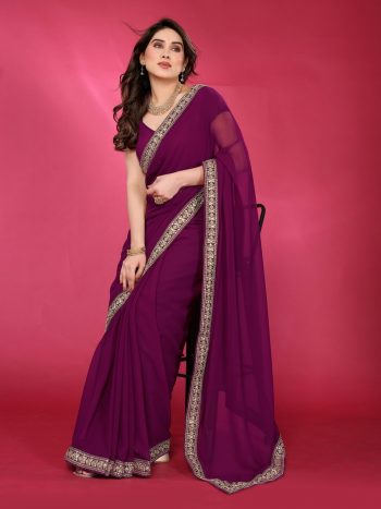 NEW ARRIVAL GEORGETTE SILK PLAIN SAREE WITH EMBROIDERY WORK LACE BORDER SAREE WITH UNSTITCHED BLOUSE PURPLE