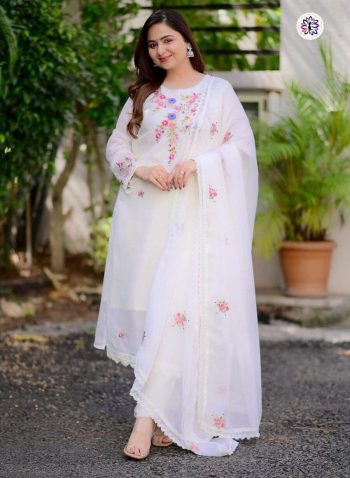 NEW ARRIVAL GEORGETTE THREAD EMBROIDERY LACE WORK TOP BOTTOM WITH DUPATTA WHITE