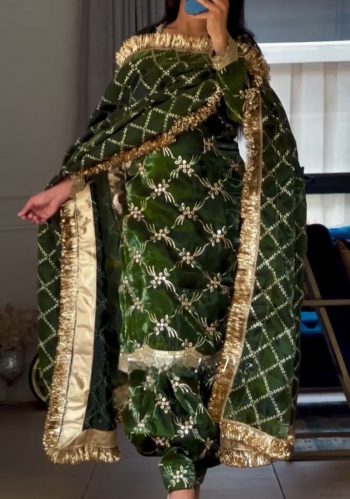 NEW ARRIVAL JIMMY CHOO SILK EMBROIDERY SEQUENCE WORK TOP PATIYALA WITH DUPATTA MEHNDI