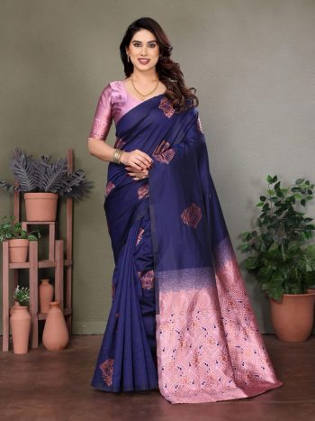 NEW ARRIVAL LITCHI SILK JACQUARD WORK SAREE WITH UNSTITCHED BLOUSE BLUE