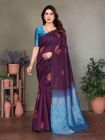 NEW ARRIVAL LITCHI SILK JACQUARD WORK SAREE WITH UNSTITCHED BLOUSE PURPLE