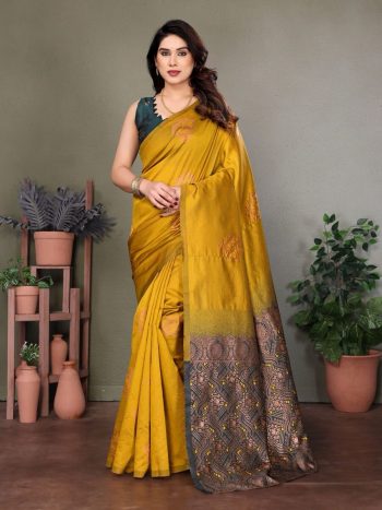 NEW ARRIVAL LITCHI SILK JACQUARD WORK SAREE WITH UNSTITCHED BLOUSE YELLOW