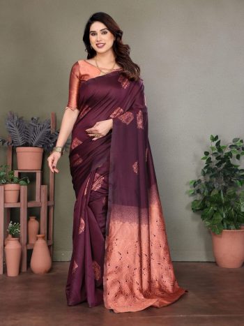 NEW ARRIVAL LITCHI SILK JACQUARD WORK SAREE WITH UNSTITCHED BLOUSE WINE